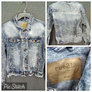 Rue21 Bleached Spotted Distressed Denim Blue Jean Jacket M